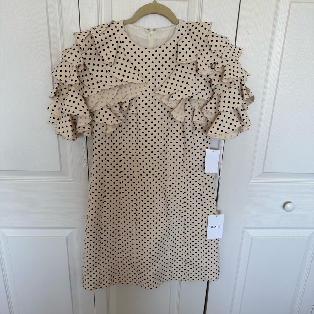 Valentino Cream and Black Ruffle Sleeve Silk Mini Dress